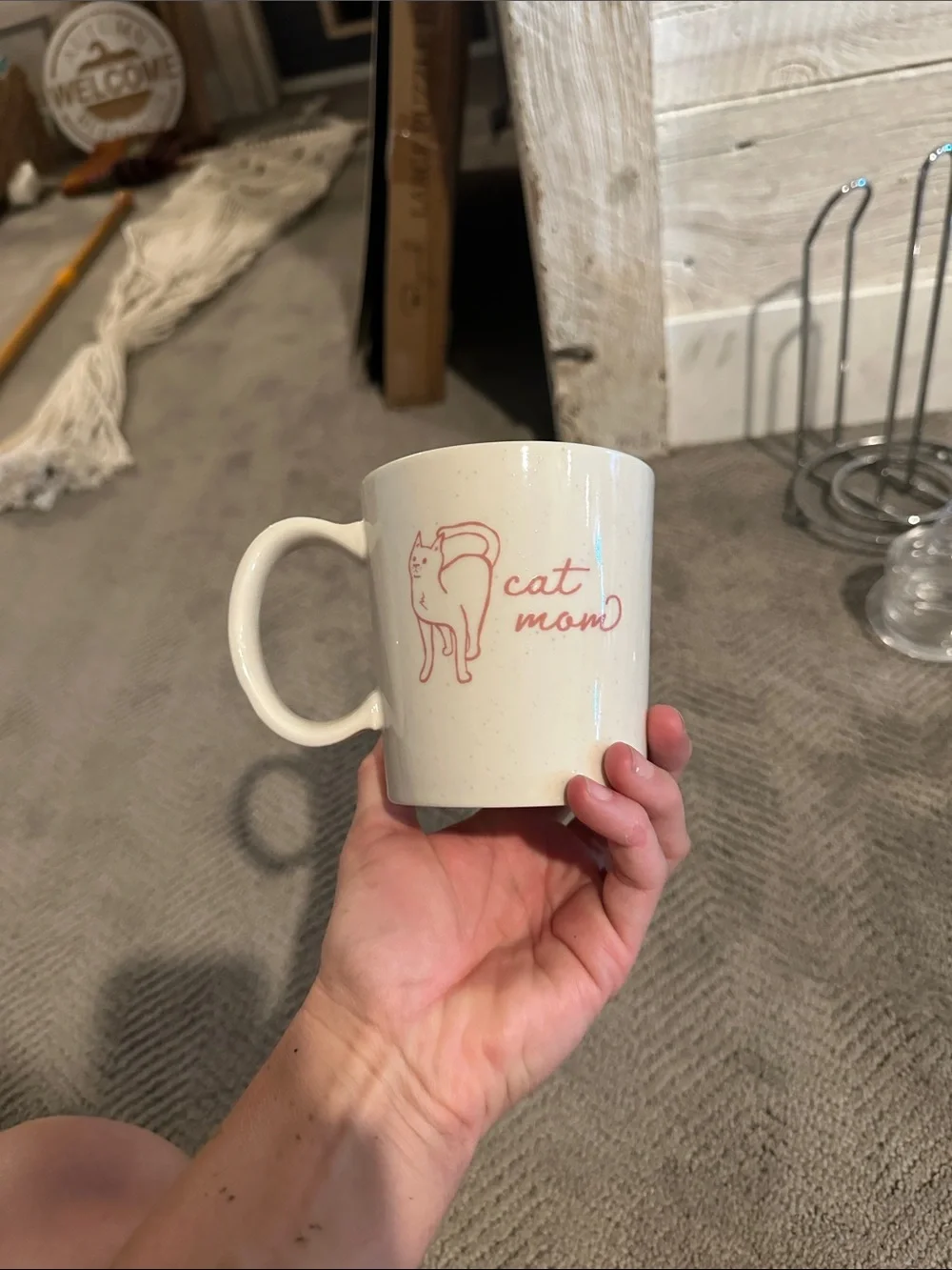 Cat Mom Ceramic Mug in Cream with Pink Accent